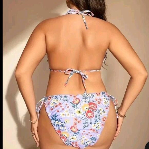 New Plus Size Bikini 2 pc Swim Wear Purple Ruffle Floral High Waist String 1X XL - Picture 2 of 7